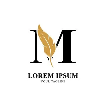 Flat Initial Letter M Logo Combined with Feather Silhouette Vector Design Stock Illustration