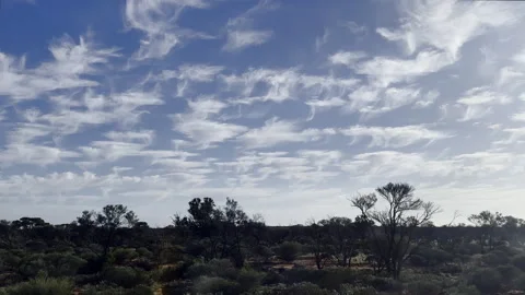 Flat inland plane flashes past beneath unique cloud pattern punctuating blue sky Stock Footage 242832387