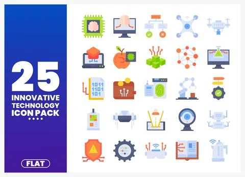 Flat innovative technology icons displayed on a white background with purpl.. 库存插图