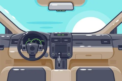 Flat insides of car interior with transmission, steering wheel, glove box Illustrazione stock