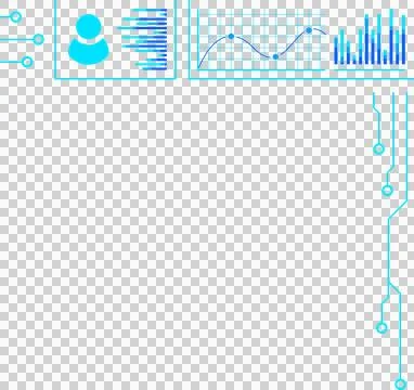 Flat interface is showing avatar, bar chart, line graph, circuit traces on Illustrazione stock