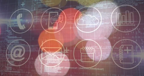 Flat interface showing eight circular outline technology icons arranged in two Stock Footage 328411295