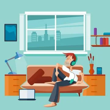 Flat interior with man on sofa Stock Illustration