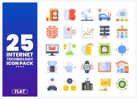 Flat internet technology icon set with AI brain and networking Stock Illustration
