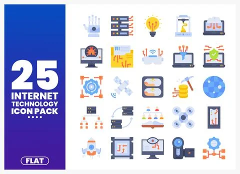 Flat internet technology icons collection with elements on white background. Stock Illustration