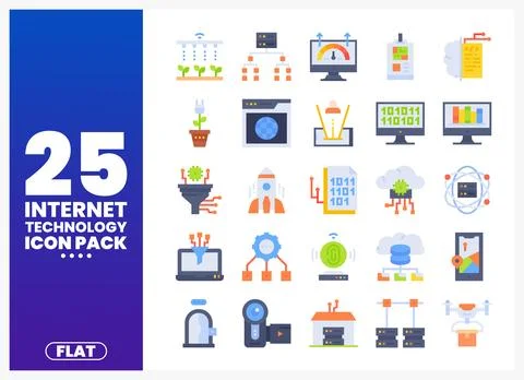 Flat internet technology icons pack on white background 库存插图