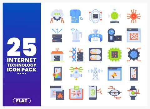 Flat internet technology icons set featuring tech and data elements. Stock Illustration