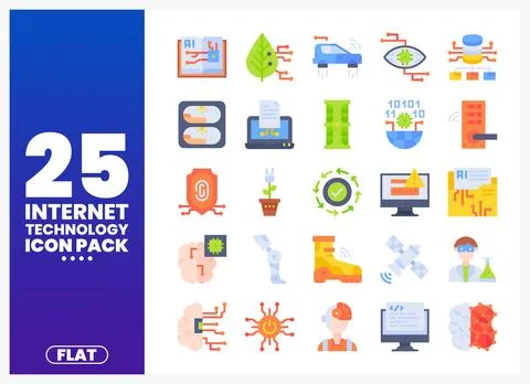 Flat internet technology icons in a simple graphic presentation. AI. IoT. a.. Illustrazione stock