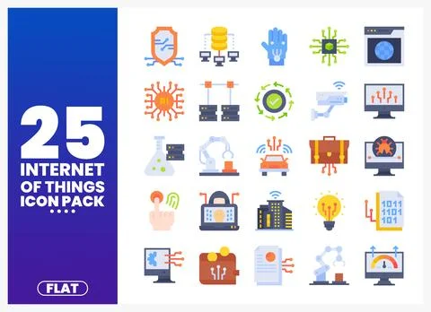 Flat Internet of Things icon pack collection. showing technology. AI. and d.. Illustrazione stock