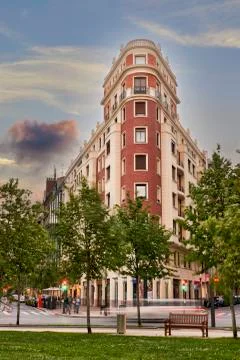 Flat Iron building in the Euskadi Square at sunset, Bilbao, Basq Stock Photos