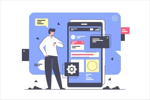 Flat isolated businessman develop and creating new application. Stockillustratie
