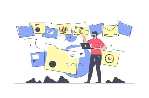 Flat isolated businessman do document flow and processing. Stock Illustration