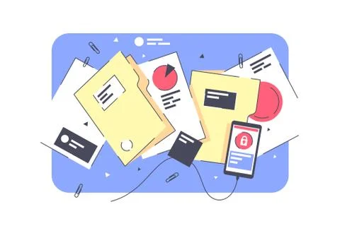 Flat isolated folders, documents with project and graph. Stock Illustration