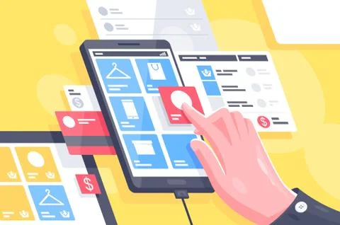 Flat isolated hand with online mobile interface do shopping. Stock Illustration