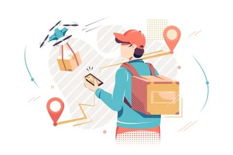 Flat isolated man with mobile phone with digital map and drone delivery. Stock Illustration