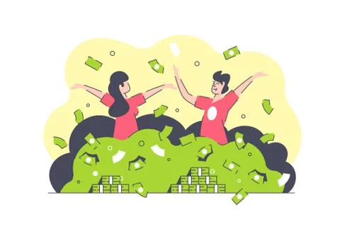 Flat isolated smiling man and woman swimming in green money. Illustrazione stock