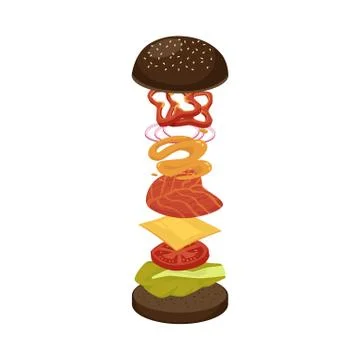 Flat isolated vector illustration of hamburger with ingredients for cooking it Illustrazione stock