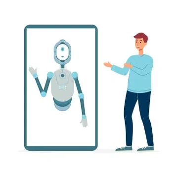 Flat isolated vector illustration of a man communicating with a smart chat bot Stock Illustration