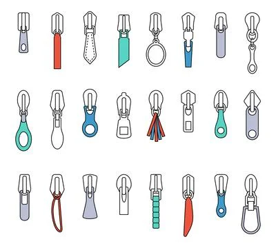 Flat isolated zipper pullers. Various puller for zippers, tailor equipment 库存插图
