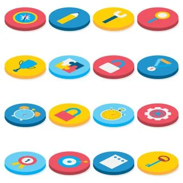 Flat Isometric Circle Business and Office Icons Set Stock Illustration