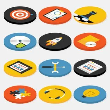 Flat Isometric Circle Website Business and Office Icons Set Stock Illustration