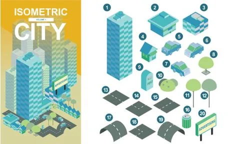Flat isometric city blocks with roads and crossroads Stock Illustration
