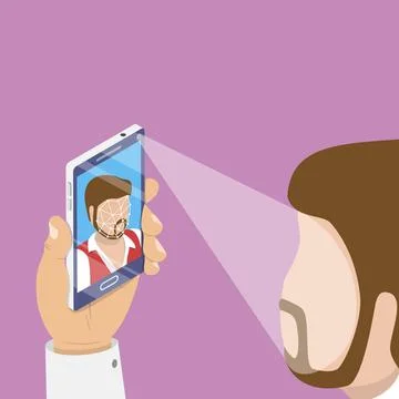 Flat isometric concept of biometric idetification, facial recognition syst... Stock Photos