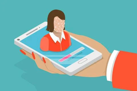 Flat isometric concept of biometric idetification, facial recognition syst... Stock Photos
