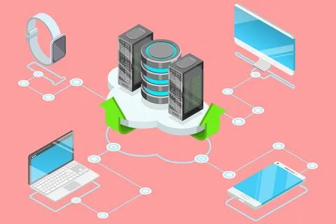 Flat isometric concept of cloud online storage, big data computing service... Stock Photos