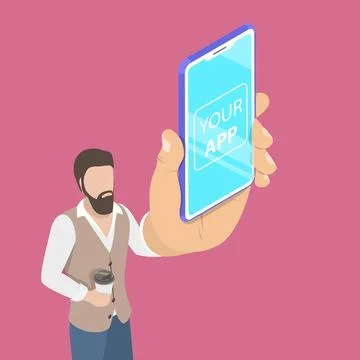 Flat isometric concept of mobile app launch, startup idea, mobile developm... Stock Photos