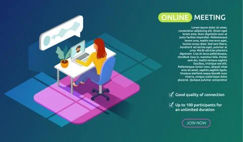 Flat isometric design concept of video online conference. meeting work form home Stock Illustration