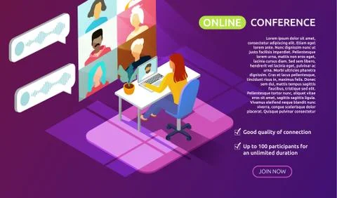 Flat isometric design concept of video online conference. meeting work form home Stock Illustration