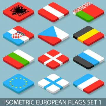 Flat Isometric European Flags Set 1 Stock Illustration