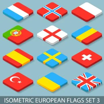 Flat Isometric European Flags Set 3 Stock Illustration