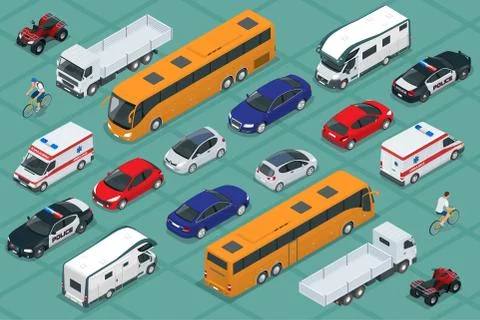 Flat isometric high quality city transport car icon set. Urban public and Stock Illustration