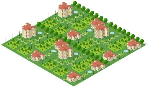 Flat isometric map, landscape city, building skyscraper, parks, cafe, landmar Ilustración de archivo