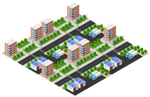 Flat isometric map, landscape city, building skyscraper, parks Ilustración de archivo