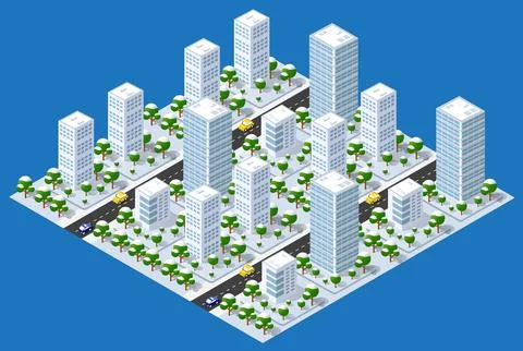 Flat isometric map, landscape city, building skyscraper, parks Ilustración de archivo