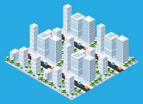 Flat isometric map, landscape city, building skyscraper, parks Ilustración de archivo