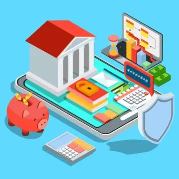 Flat isometric mobile banking Stock Illustration