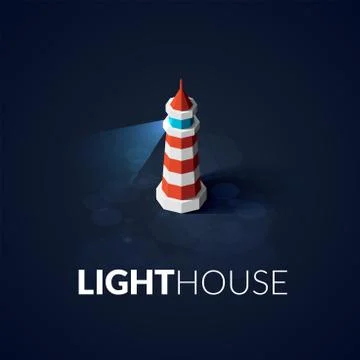 Flat isometric red lighthouse icon on blue sea Stock Illustration