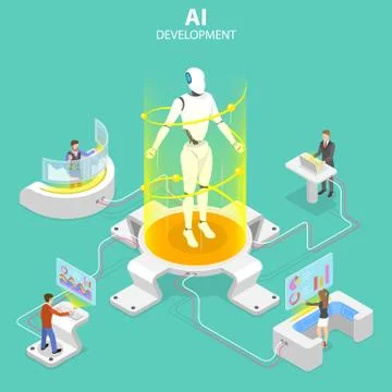Flat isometric vector concept of AI development. Stock Illustration