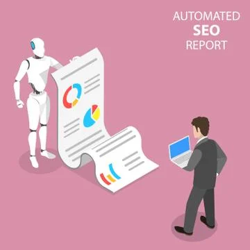 Flat isometric vector concept of automated SEO report, website performance. Illustrazione stock
