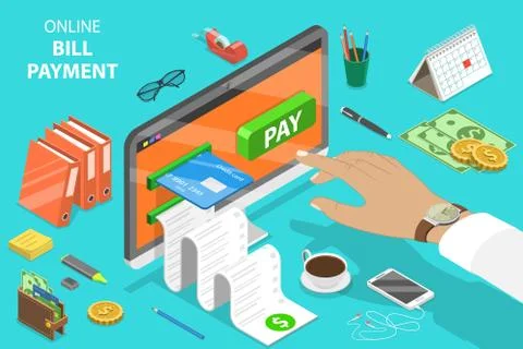 Flat isometric vector concept of bill payment, shopping, online banking. Stock Illustration