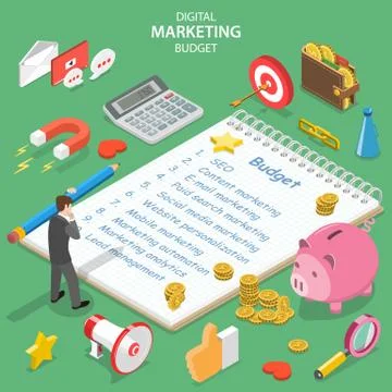 Flat isometric vector concept of digital marketing budget, seo, roi. Stock Illustration