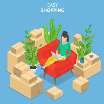 Flat isometric vector concept of easy shopping, e-commerce, online store. Stock Illustration