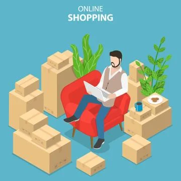 Flat isometric vector concept of easy shopping, e-commerce, online store. Stock-Illustration