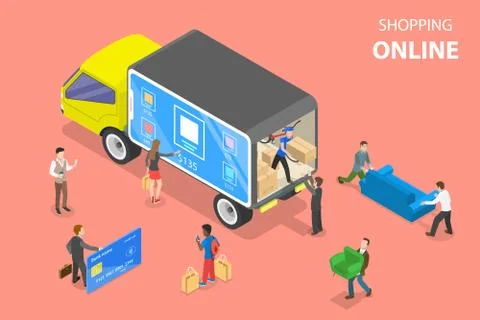 Flat isometric vector concept of easy shopping, e-commerce, online store. Stock Illustration