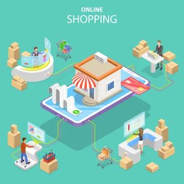 Flat isometric vector concept of easy shopping, e-commerce. Stock Illustration