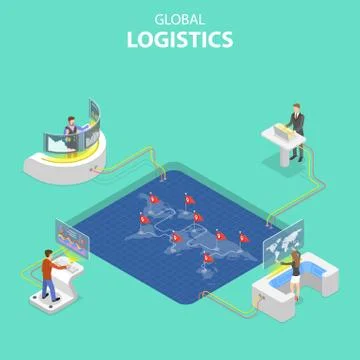Flat isometric vector concept of global logistics, worldwide freight shipping. Stock Illustration